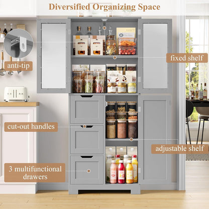 Hochschrank Badezimmerschrank mit 3 Türen & Schubladen Grau