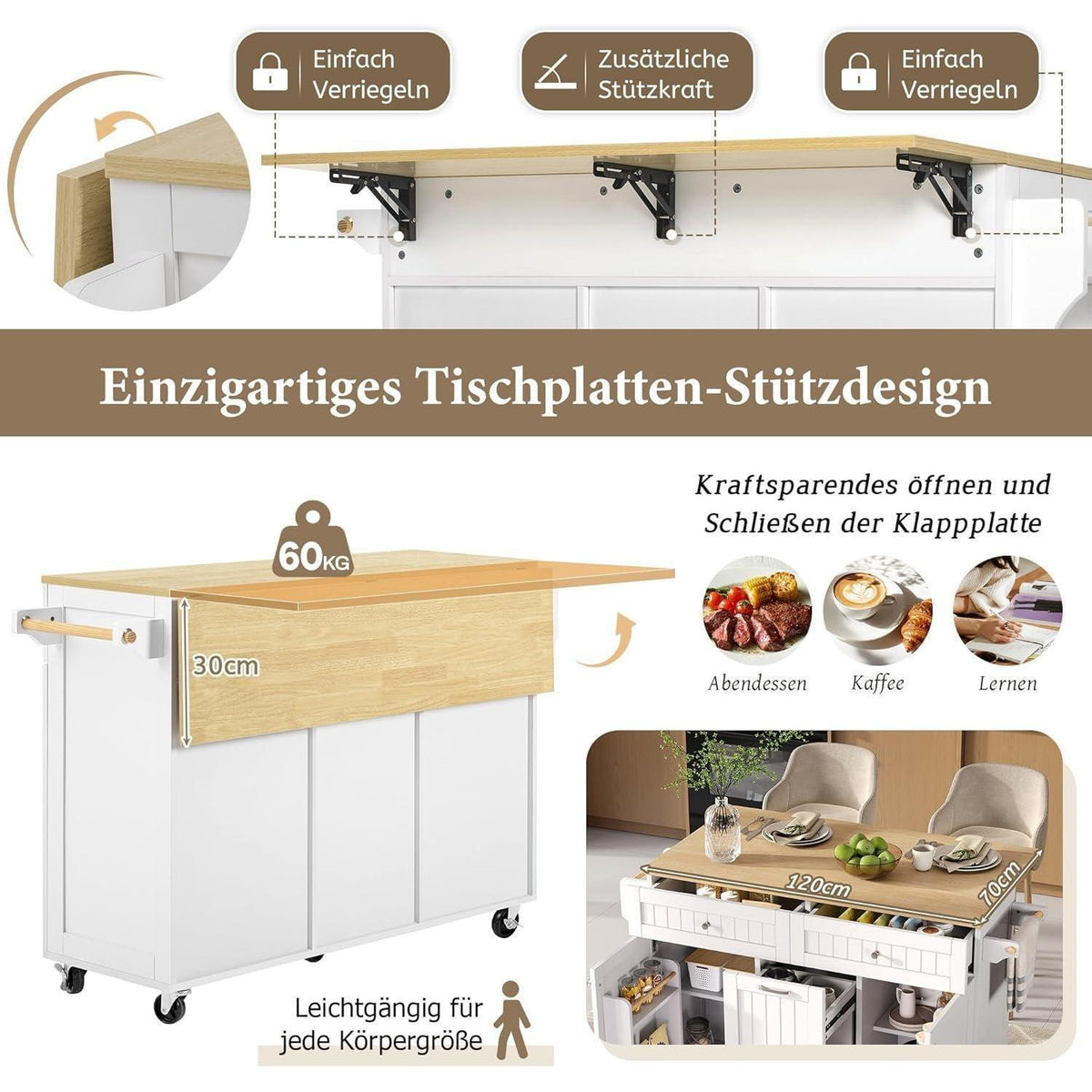 Mobile Kücheninsel mit Ausziehtisch & Schubladen (Weiß)