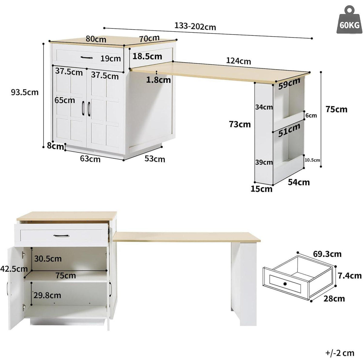 Ausziehbarer Bartisch Weiß mit Stauraum & Schubladen (133-202cm)