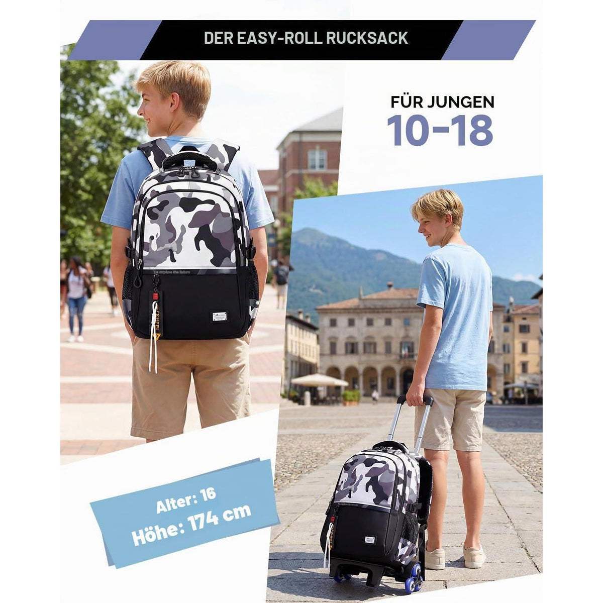 Schultrolley mit Rollen Jungen Grau-Tarn, Höhenverstellbar