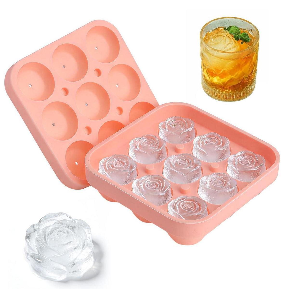 Silikon Eiswürfelform Rose 9er Set mit Deckel