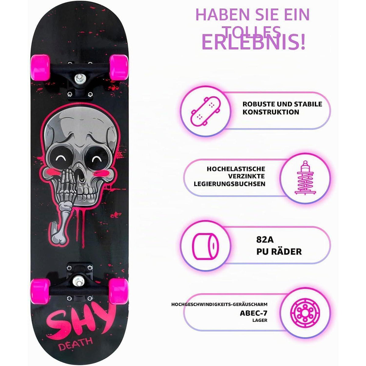 Komplett Skateboard 31 Zoll – Checkerboard Design Pink Skull
