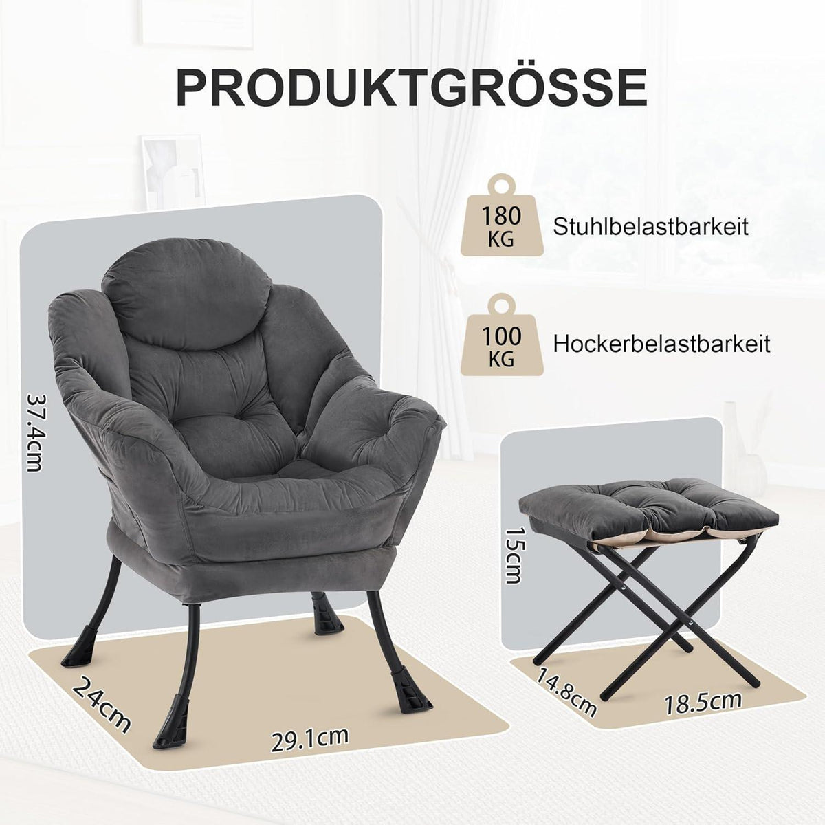 Lazy Chair mit Ottomane – Dunkelgrau, Bequemer Ohrensessel