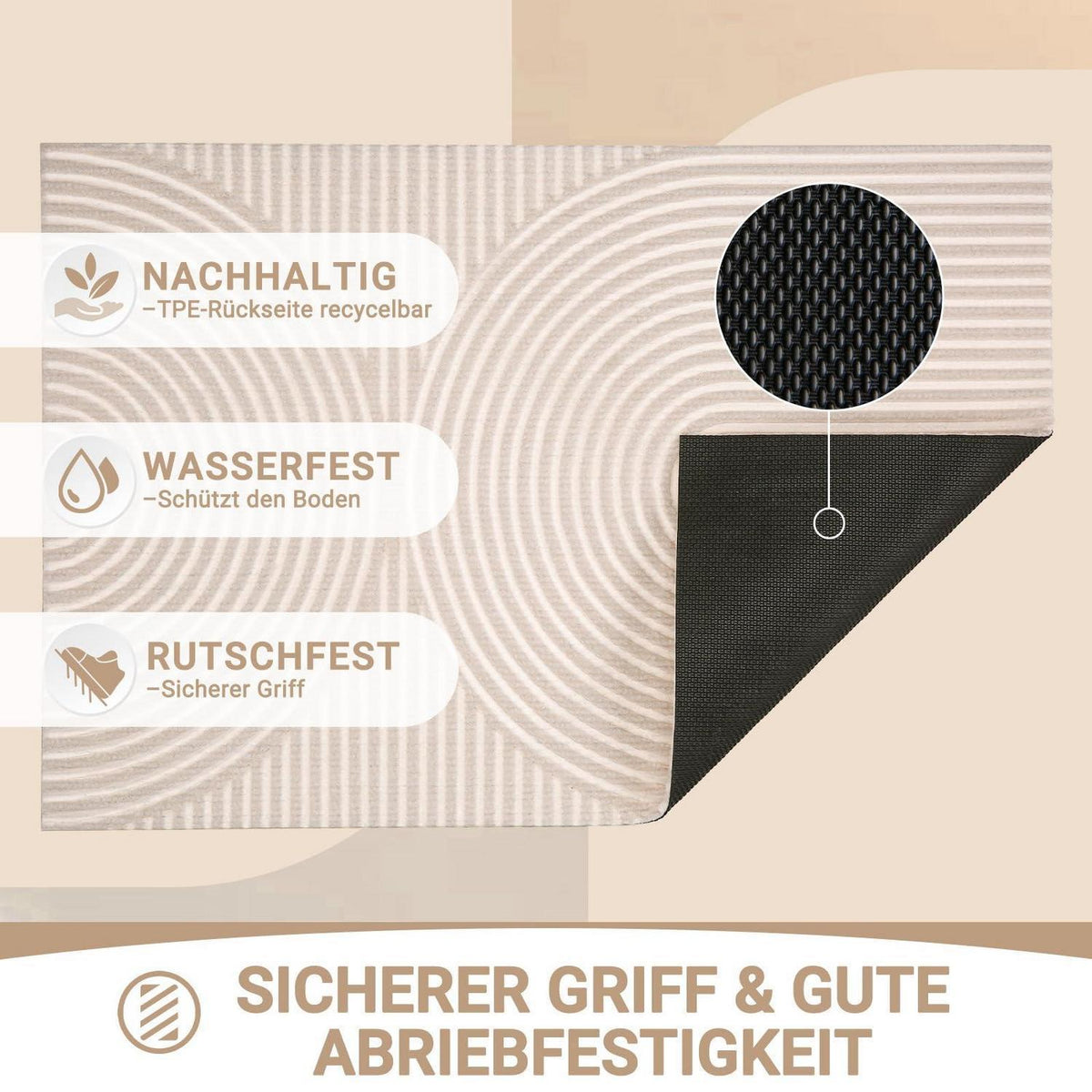 Fußmatte 60x90cm rutschfest – Elfenbein Wellen Design
