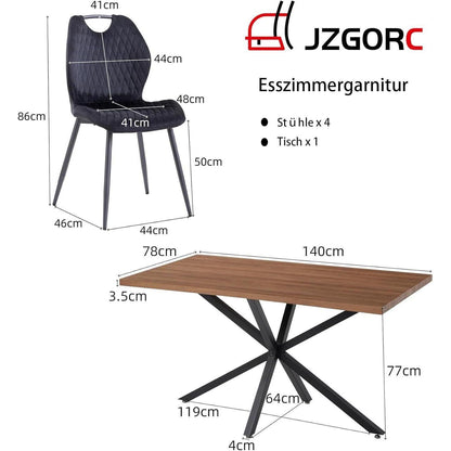 Esstisch Set 140x78cm mit 4 Esszimmerstühlen Dunkelbraun/Schwarz
