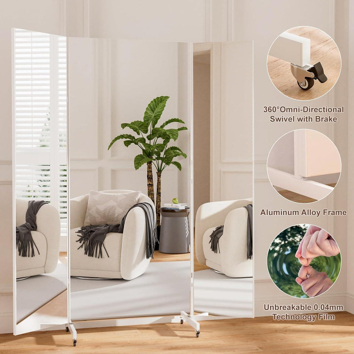 3-Fach Faltbarer Ganzkörperspiegel 240x190cm – Weiß, Standspiegel mit Rollen