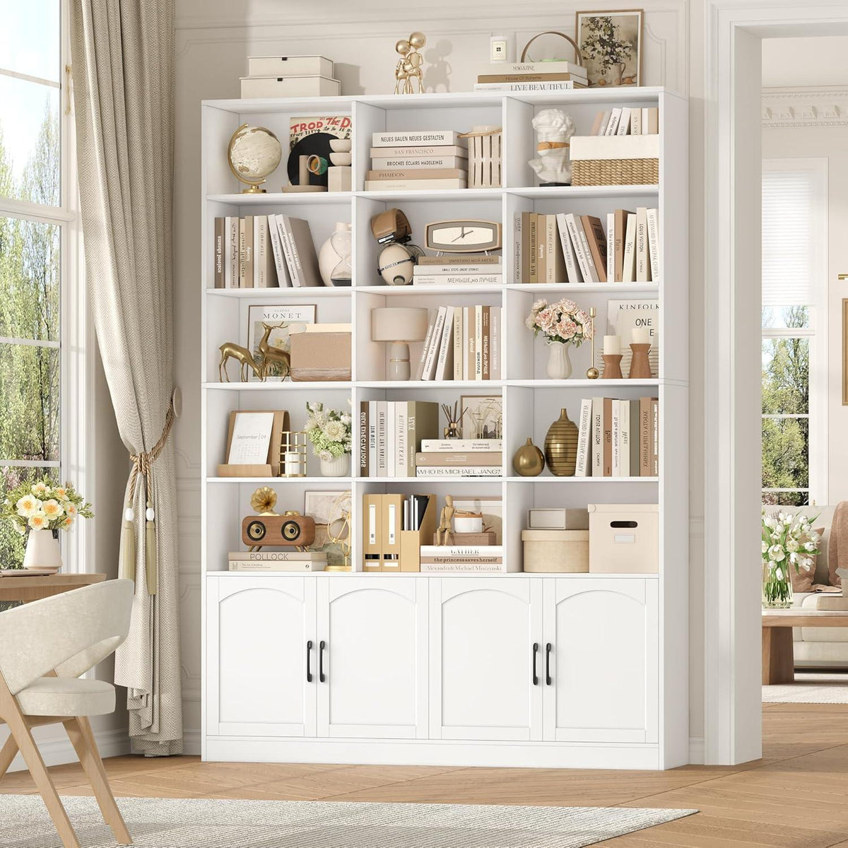 Bücherregal 209 cm mit Türen | Hochschrank 15 Fächer | Weiß