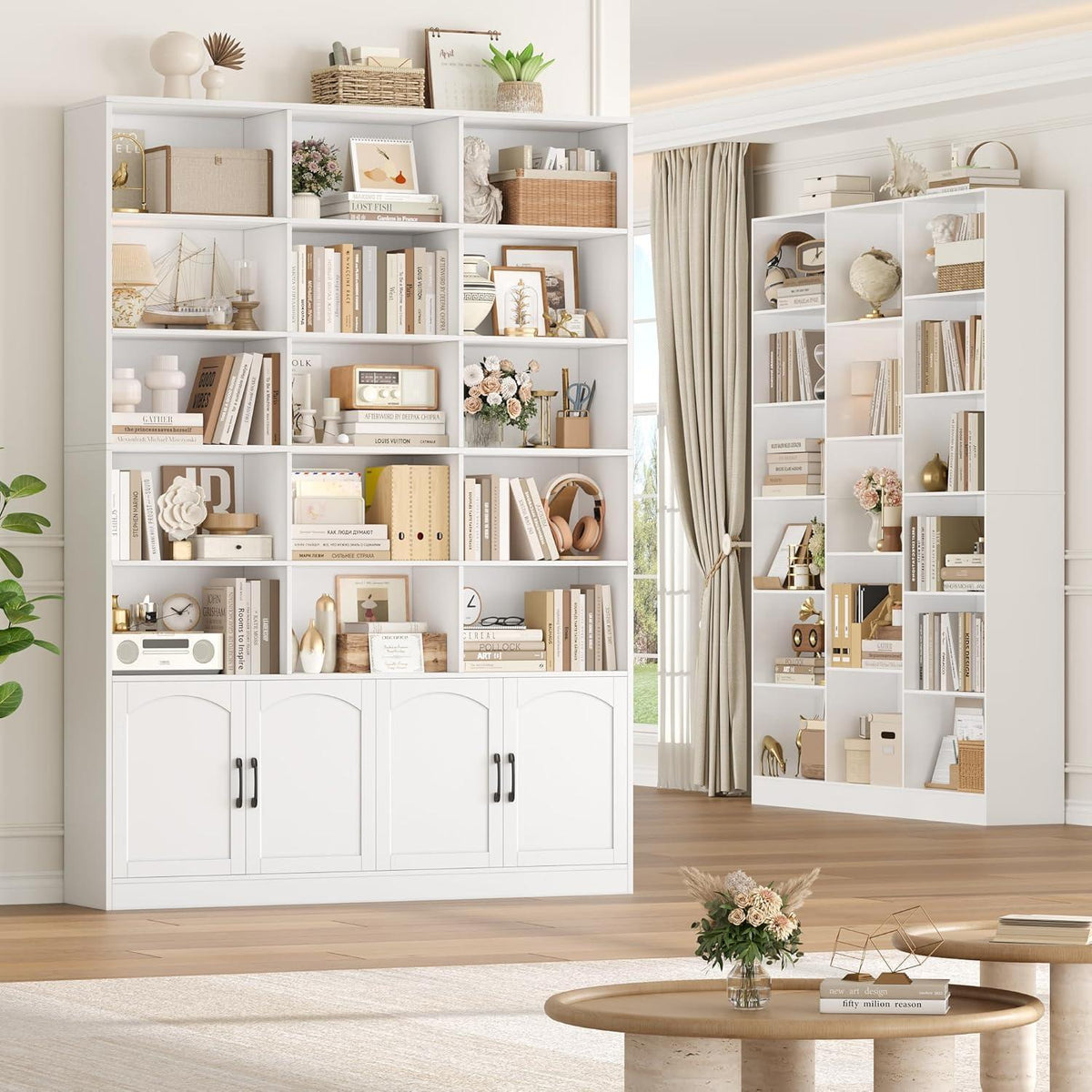 Bücherregal 209 cm mit Türen | Hochschrank 15 Fächer | Weiß