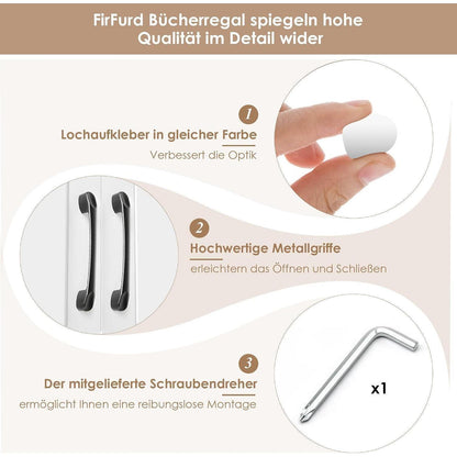 Bücherregal 209 cm mit Türen | Hochschrank 15 Fächer | Weiß