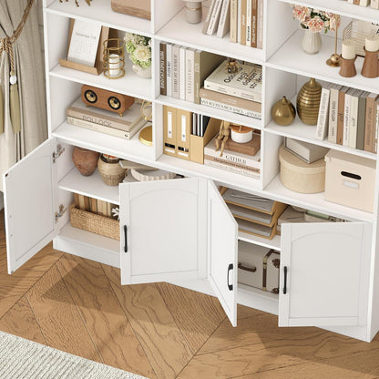 Bücherregal 209 cm mit Türen | Hochschrank 15 Fächer | Weiß