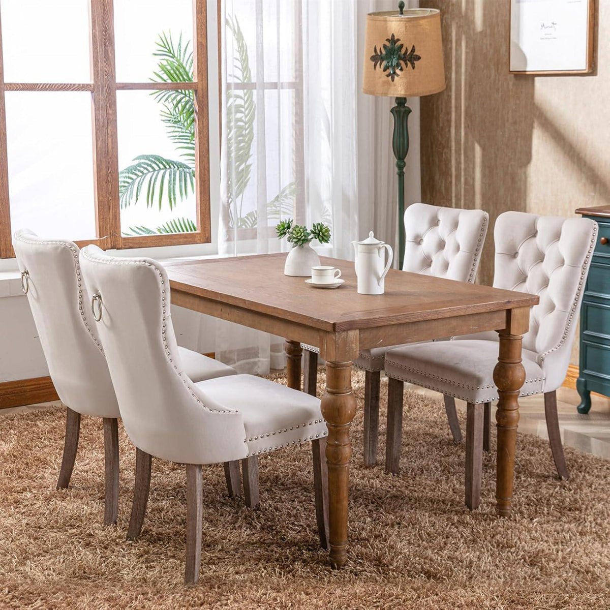 Gepolsterte Esszimmerstühle 2er-Set, Beige, Massivholzbeine