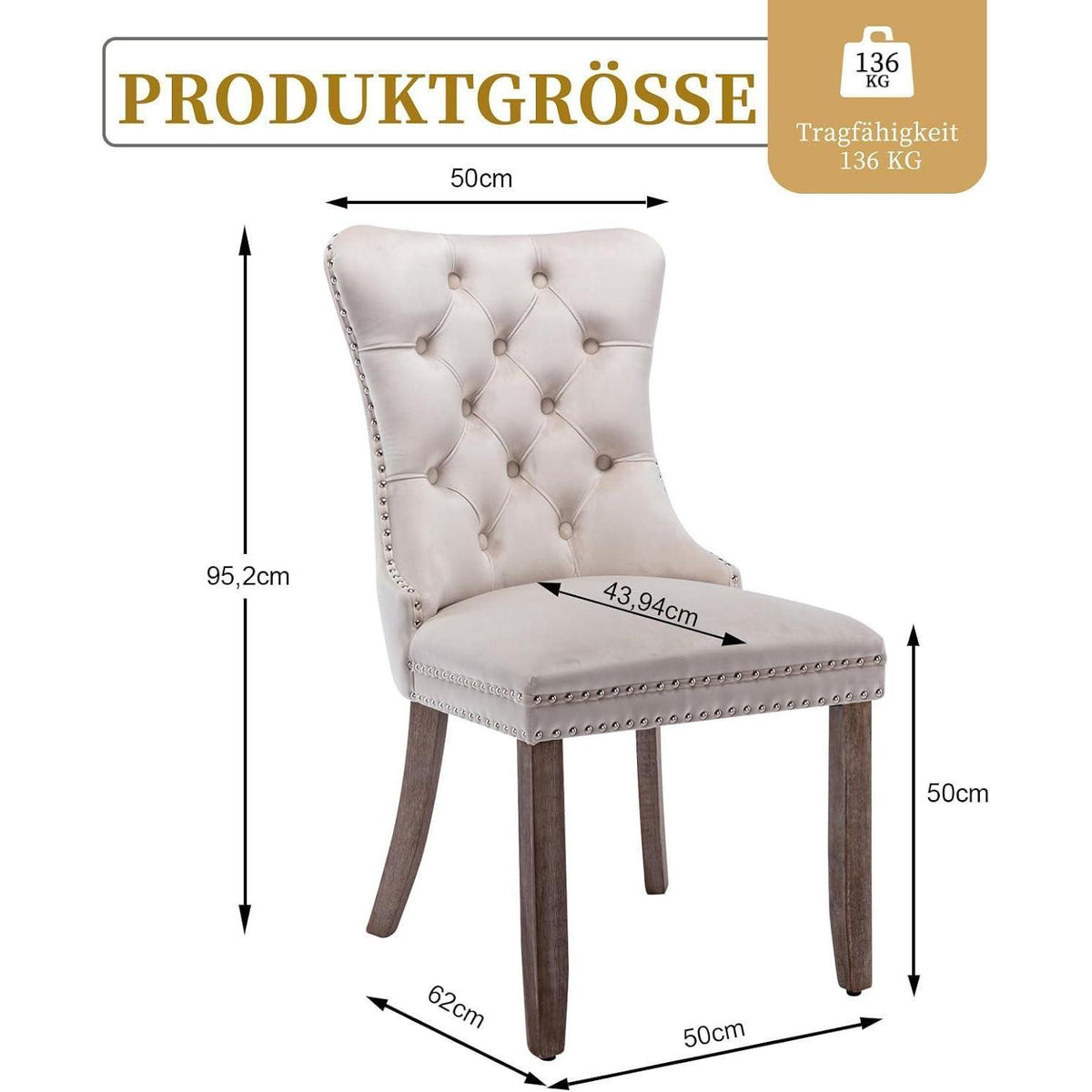 Gepolsterte Esszimmerstühle 2er-Set, Beige, Massivholzbeine