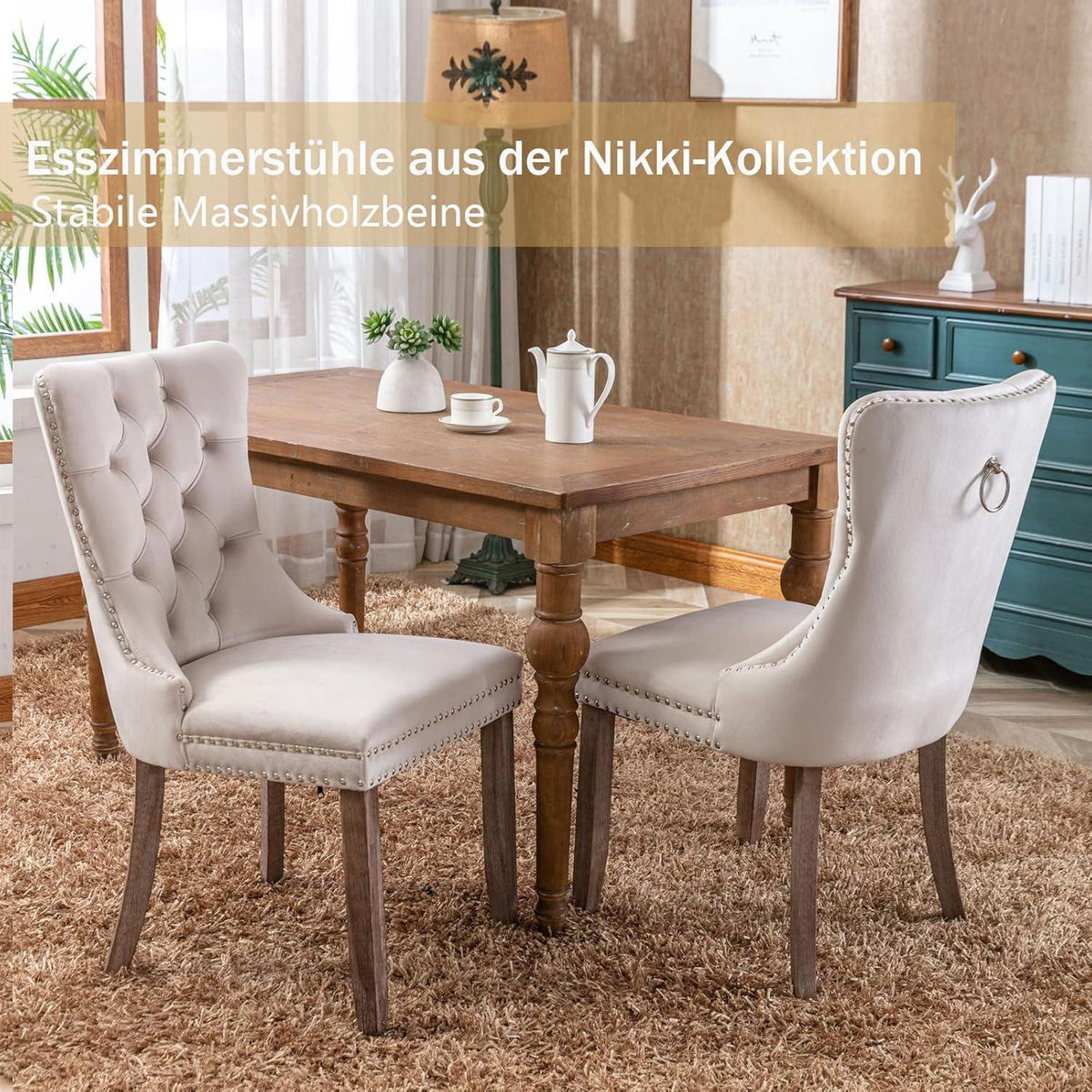 Gepolsterte Esszimmerstühle 2er-Set, Beige, Massivholzbeine