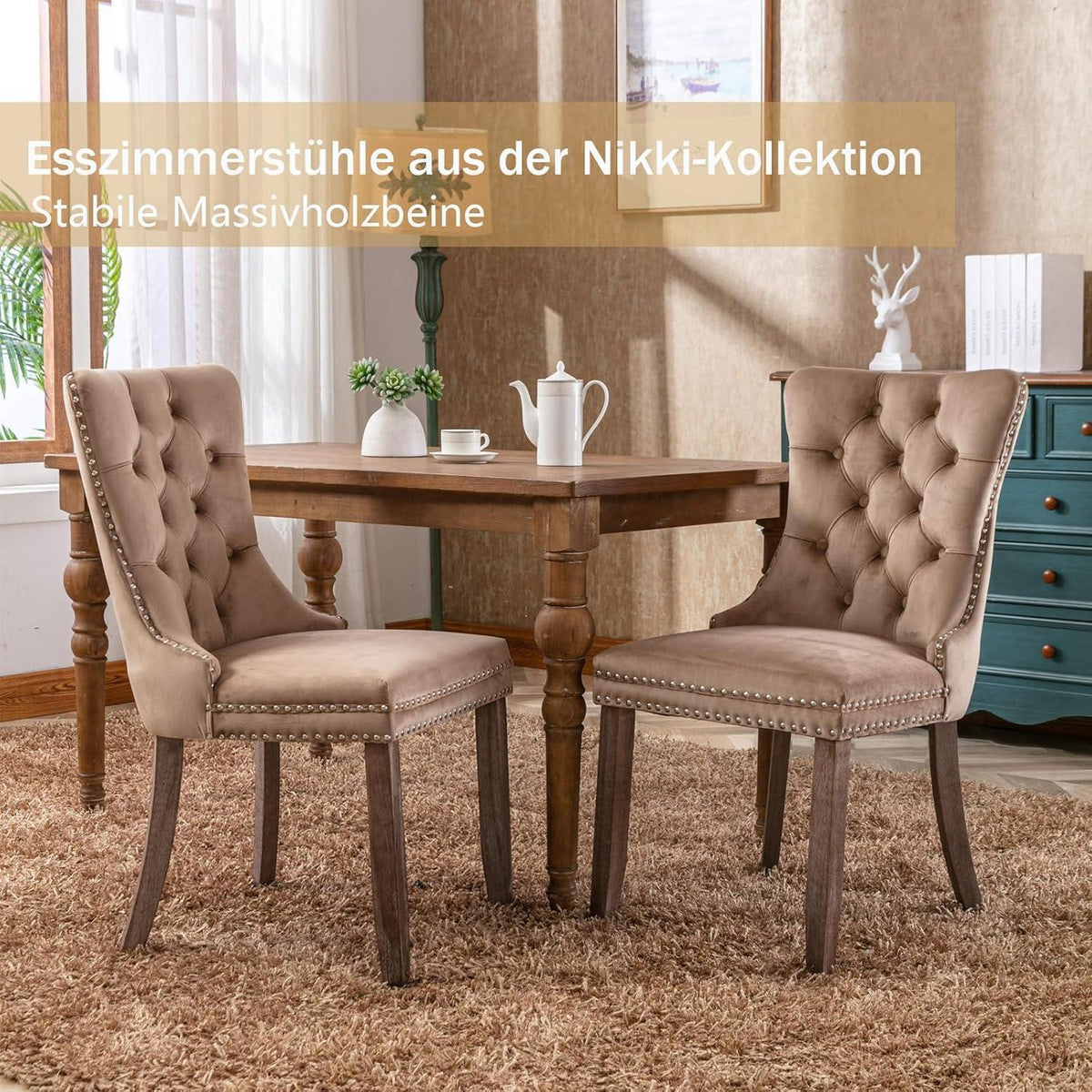 Samt Esszimmerstühle 4er Set mit Massivholzbeinen