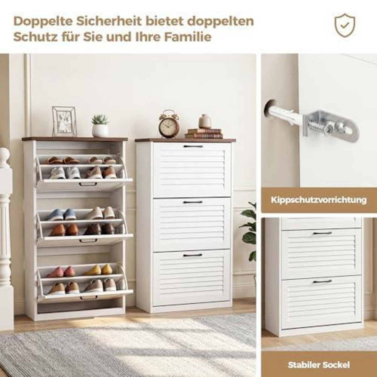 BonVache Schuhschrank 3 Klappen – Weiß, Schmal & Platzsparend