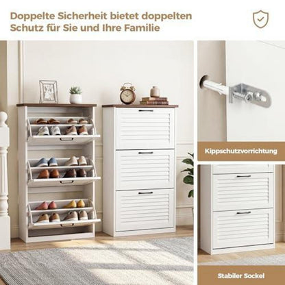 BonVache Schuhschrank 3 Klappen – Weiß, Schmal & Platzsparend