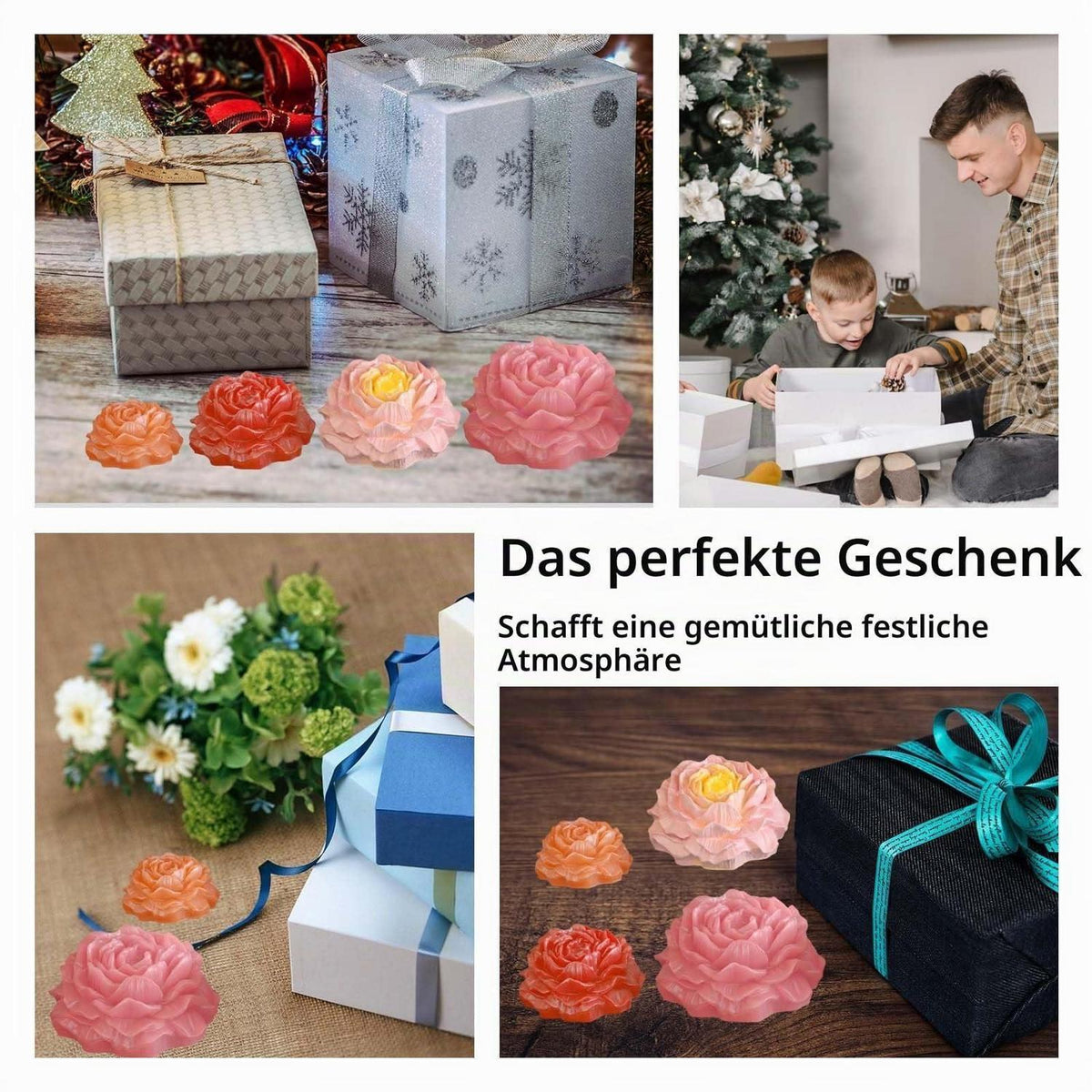 Silikonform Blumen 4er Set – Gießformen Rosen für Kerzen & Gips