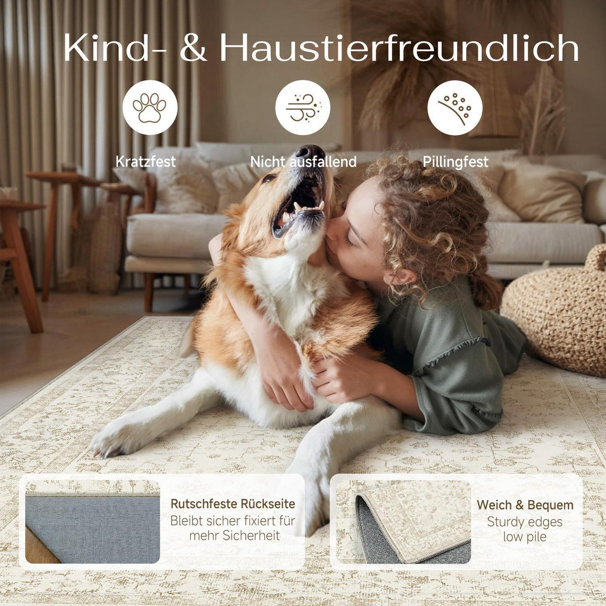 Creme Teppich Wohnzimmer 200x300cm – Waschbar & Rutschfest
