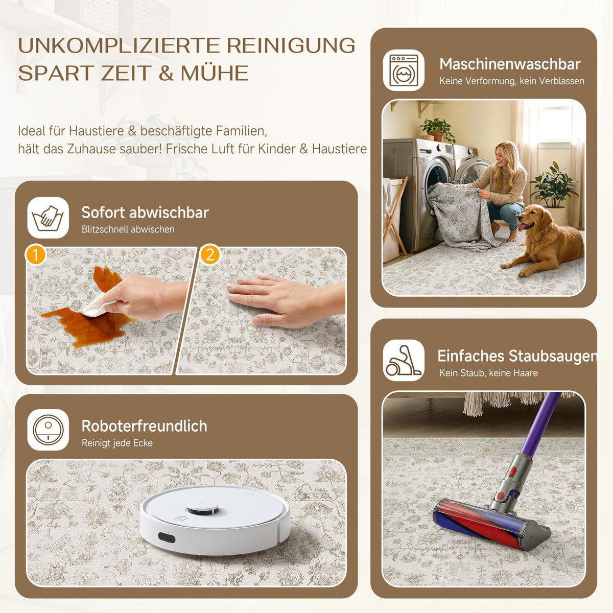 Creme Teppich Wohnzimmer 200x300cm – Waschbar & Rutschfest