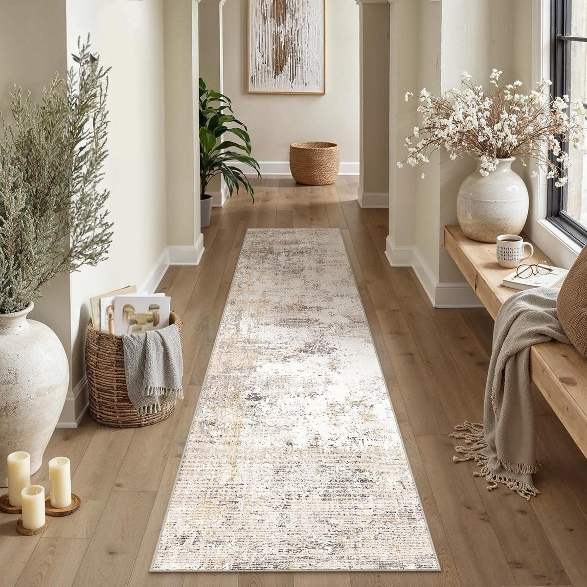Läufer Beige Grau Abstrakt Waschbar 80x300cm