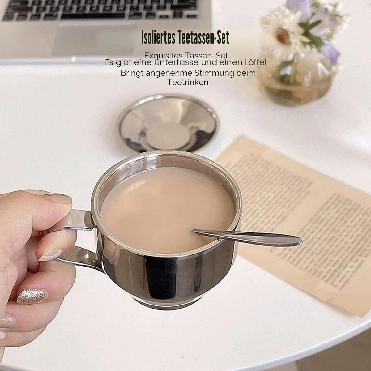Edelstahl Kaffeetassen Set 180ml – 4er Set mit Löffel & Untertasse