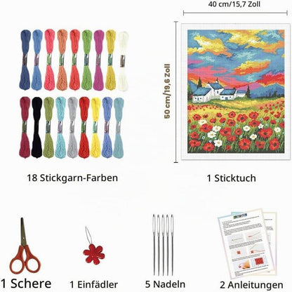 Kreuzstich Set Blumenmotiv 40x50cm – Vorgedruckt für Anfänger