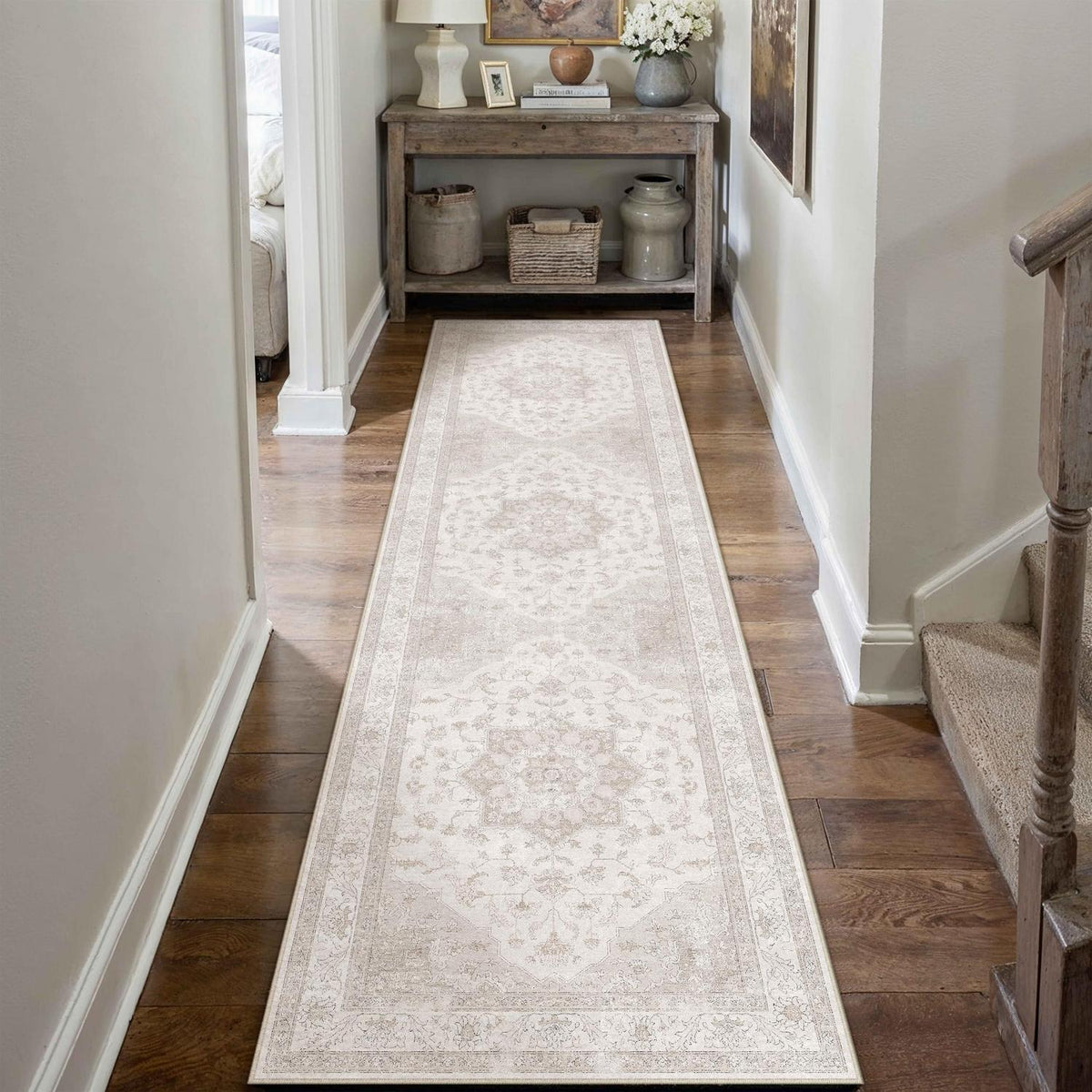 Vintage Läufer Beige 80x300cm – Waschbarer Flurteppich