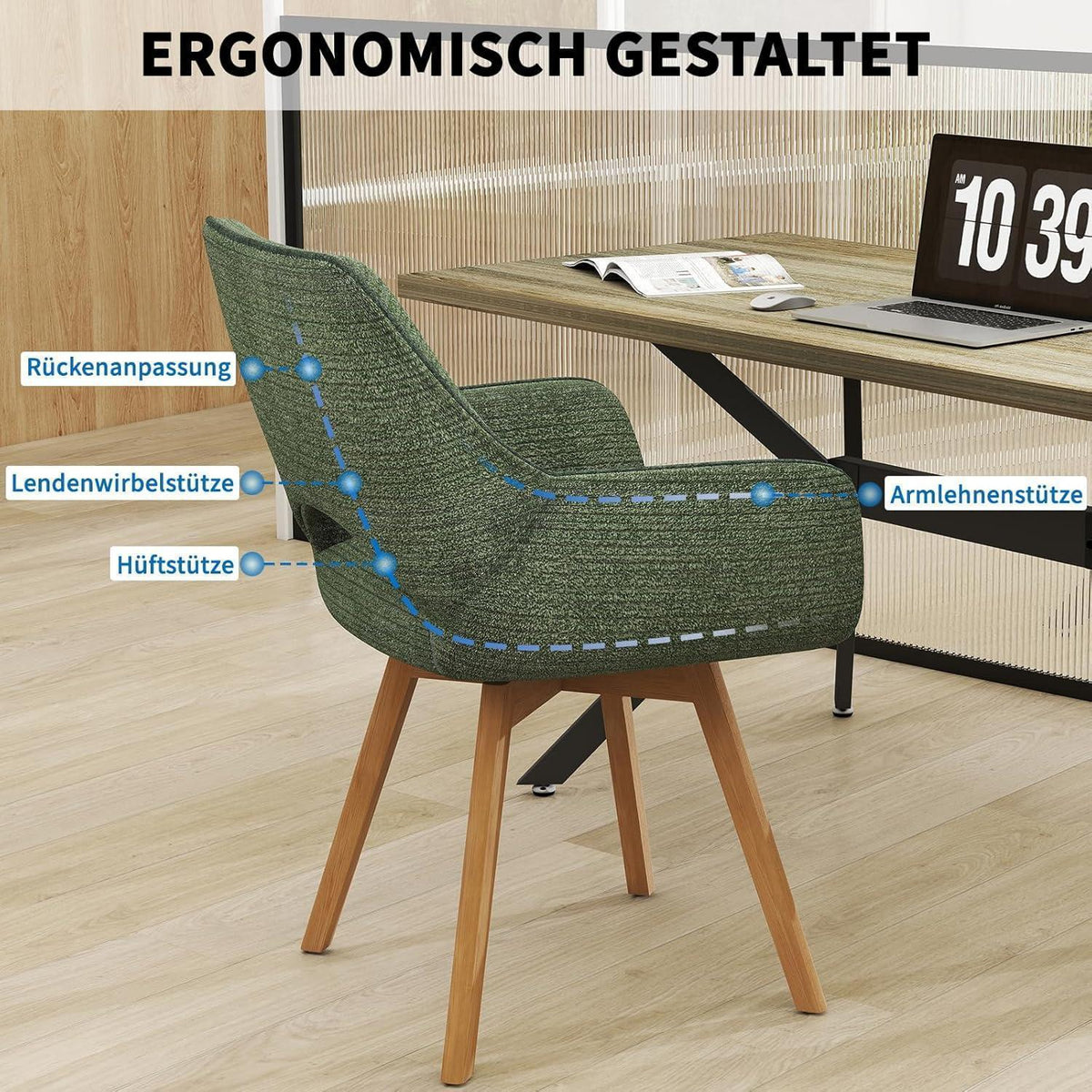 Drehbarer Esszimmerstuhl Set (4x) – Grün mit Holzbeinen