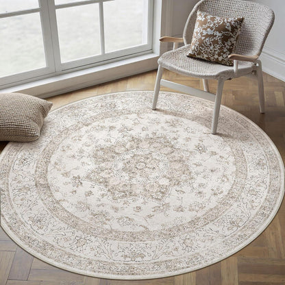 Runder Vintage Teppich Beige 240cm Waschbar & Rutschfest