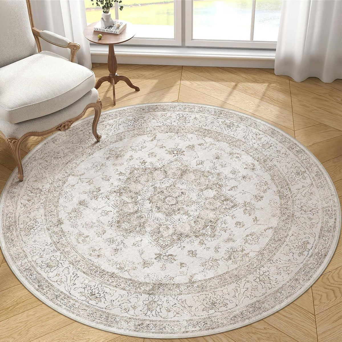 Runder Vintage Teppich Beige 240cm Waschbar & Rutschfest