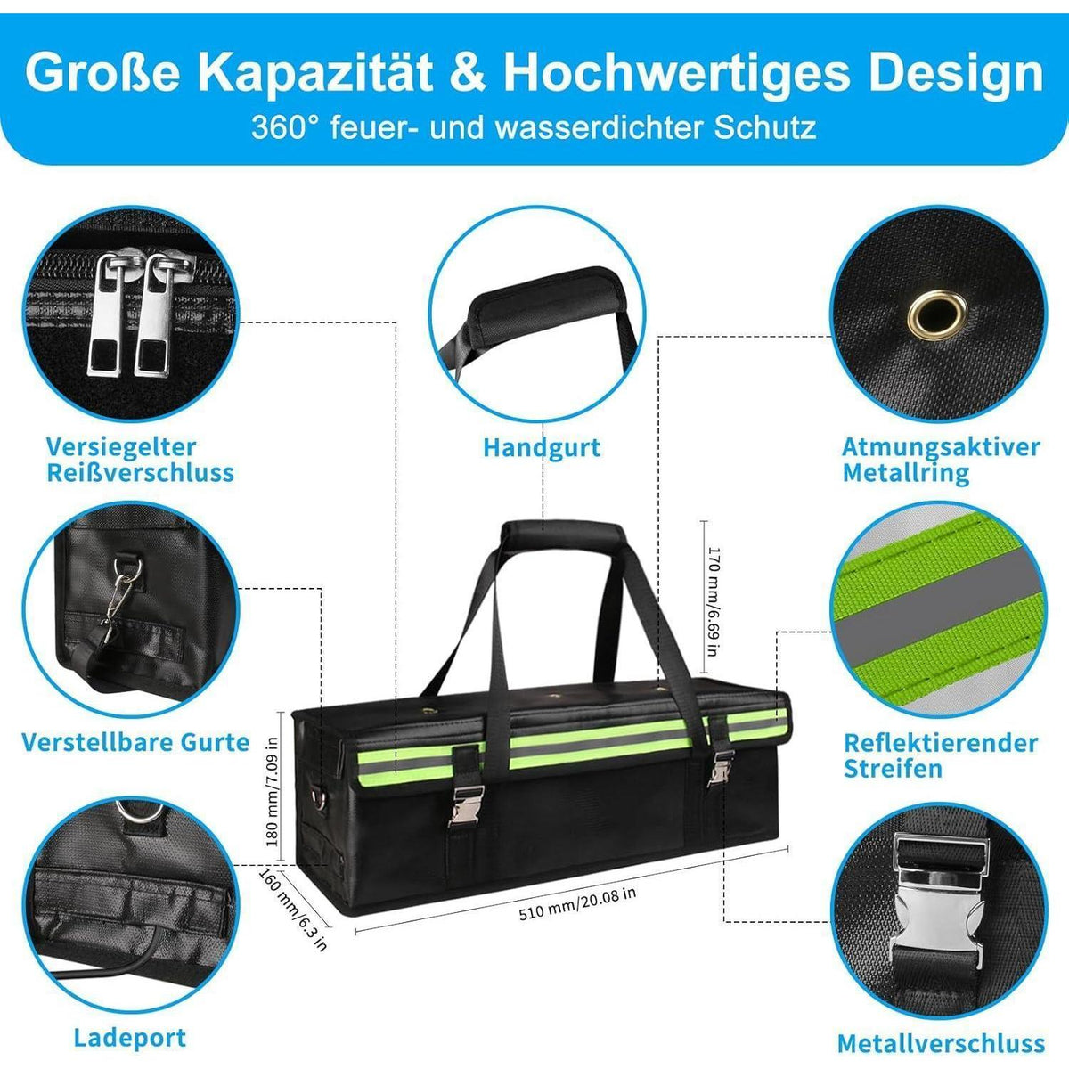 E-Bike Akku Tasche Extragroß, Feuerfest & Explosionsgeschützt