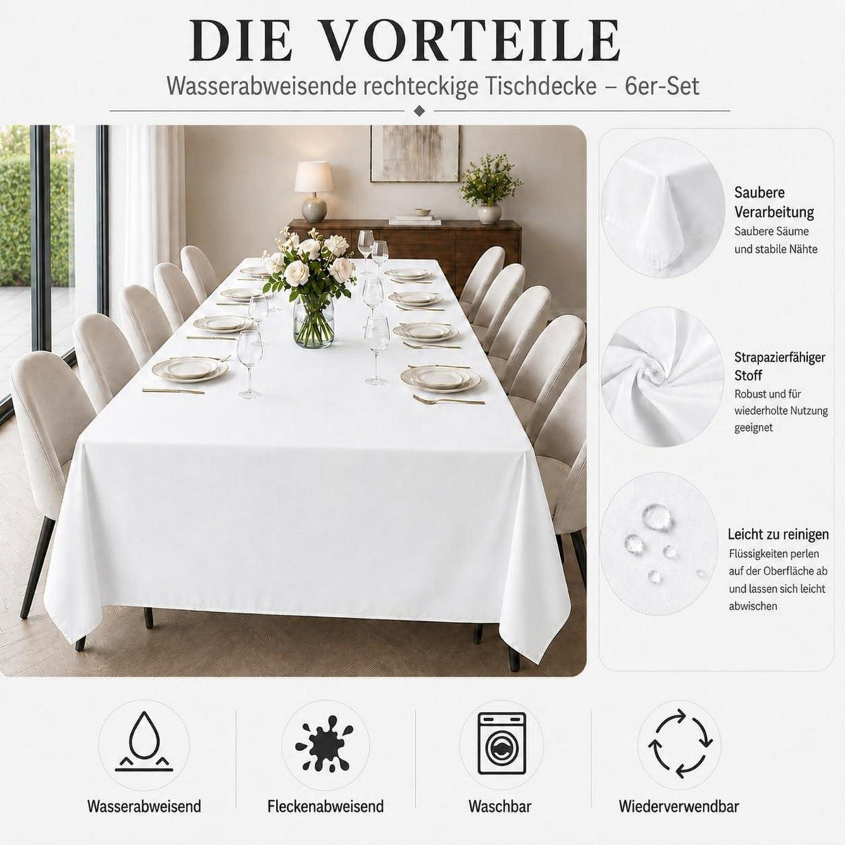 Weißes Tischdecken-Set 6er Pack, 229x396 cm, Rechteckig