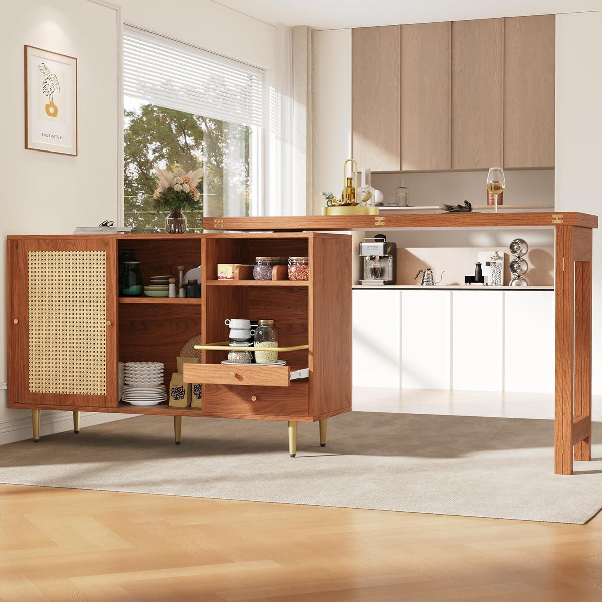 Drehbarer Esstisch mit Schrank & Rattan – Längverstellbar 120-187 cm
