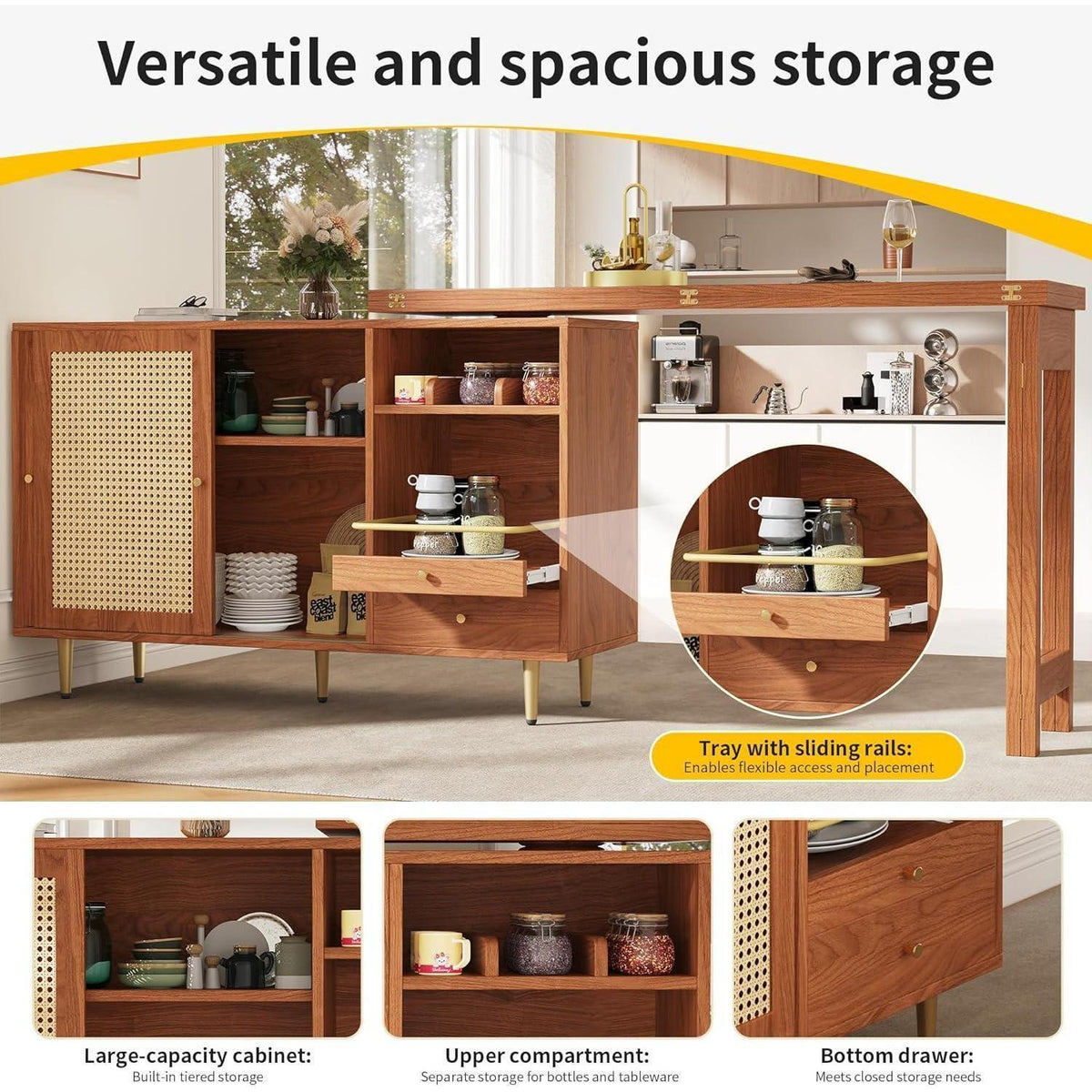 Drehbarer Esstisch mit Schrank & Rattan – Längverstellbar 120-187 cm