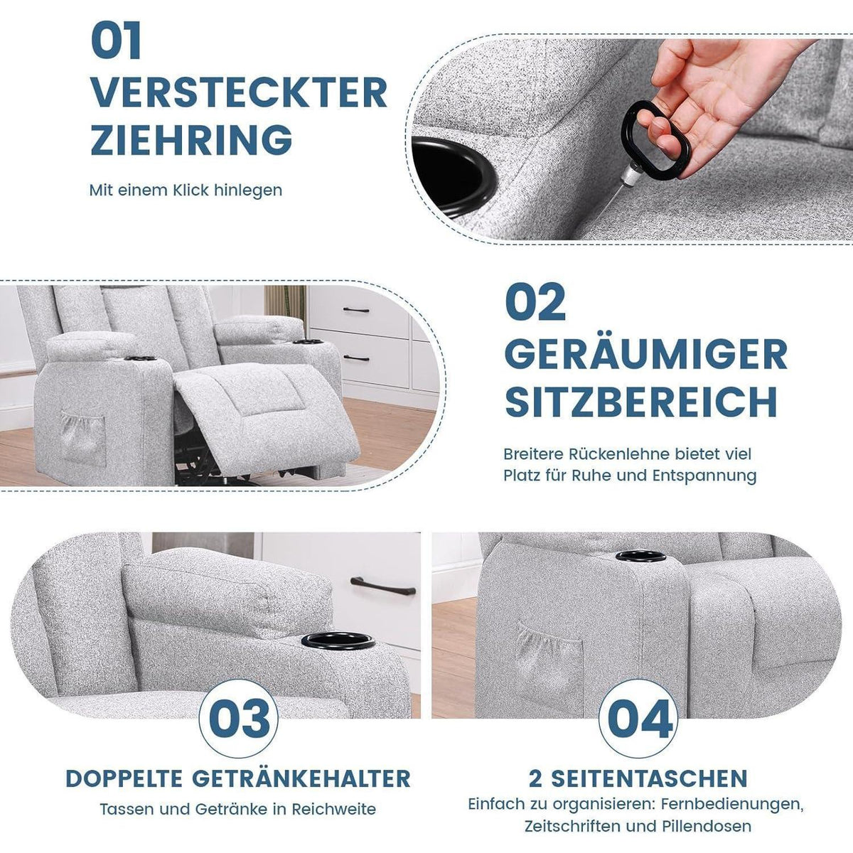 Relaxsessel Stoff Hellgrau mit Verstellbarer Liegefunktion