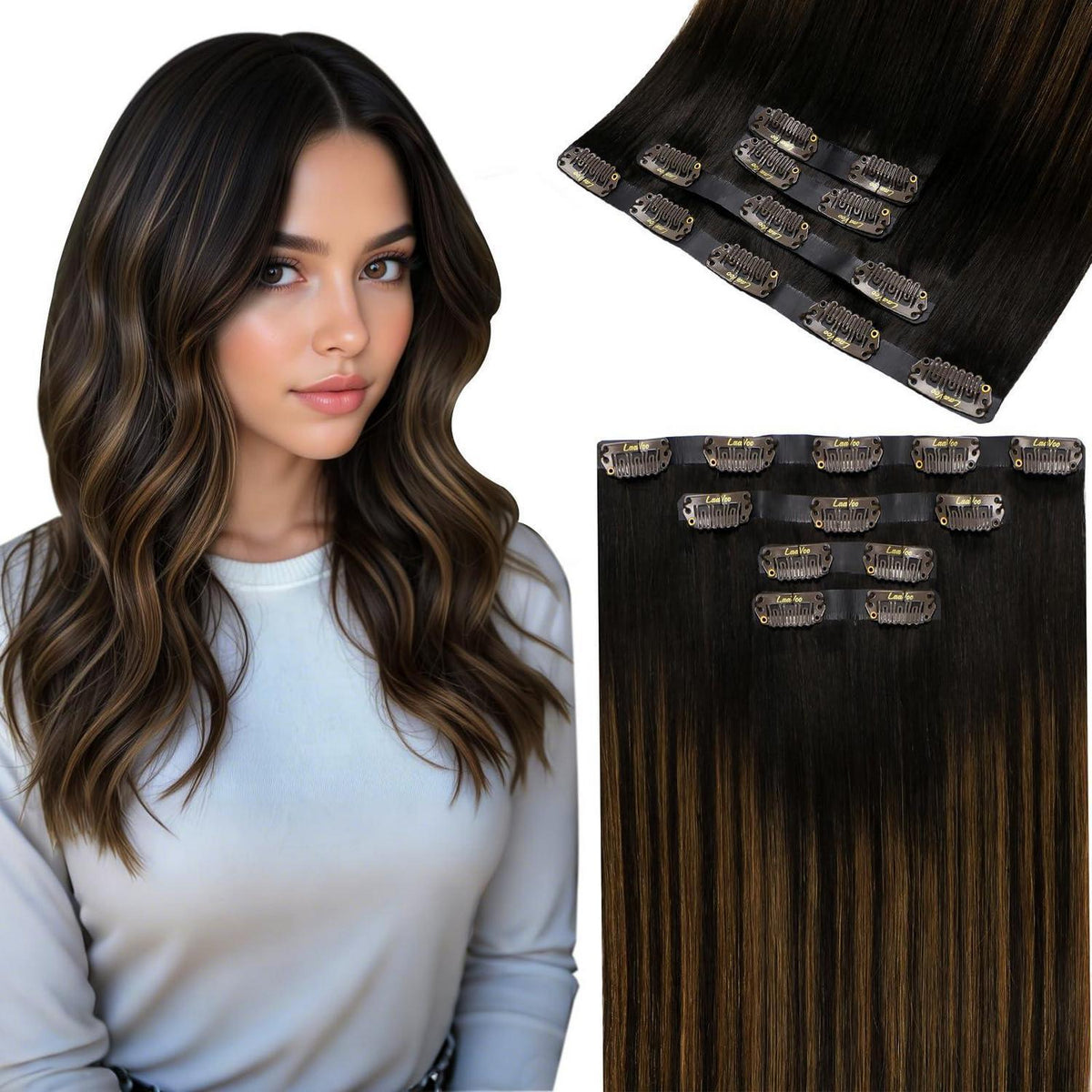 Clip in Haarverlängerung Echthaar Braun 55cm - Dunkelbraun
