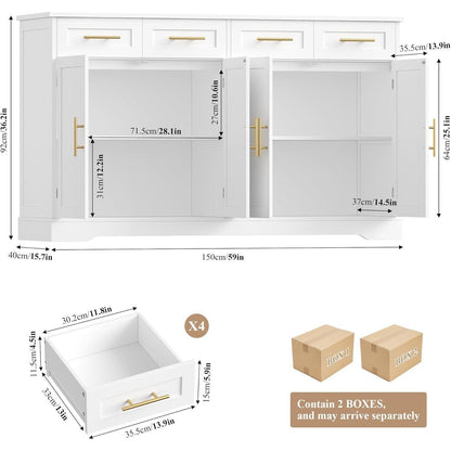 Sideboard 150cm mit Arbeitsplatte – Küchenschrank Weiß