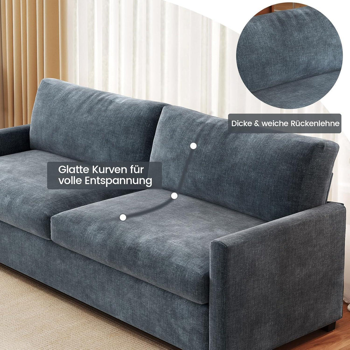 3-Sitzer Stoffsofa Blaugrau – Modernes Sofa 190 cm