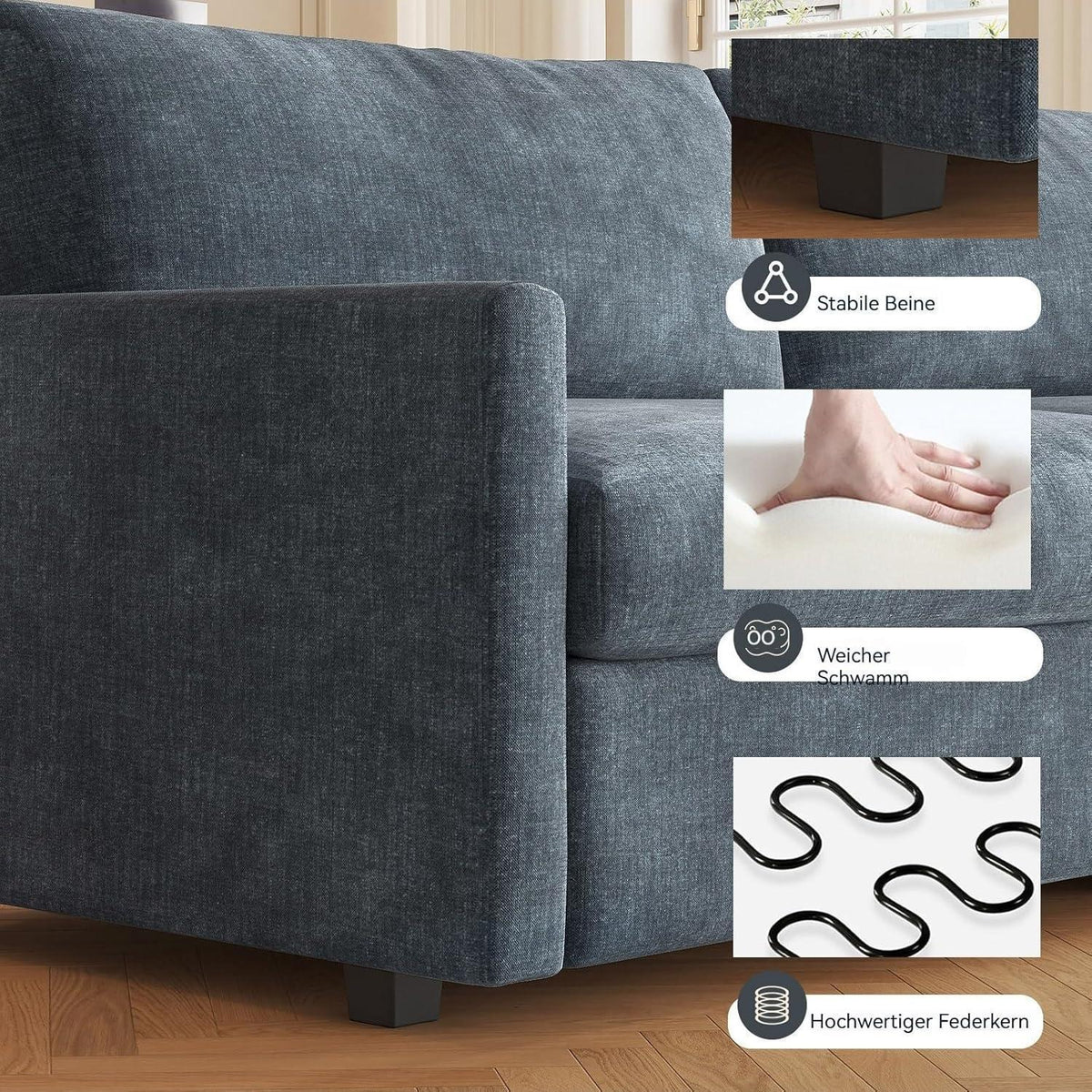 3-Sitzer Stoffsofa Blaugrau – Modernes Wohnzimmer Sofa 190cm