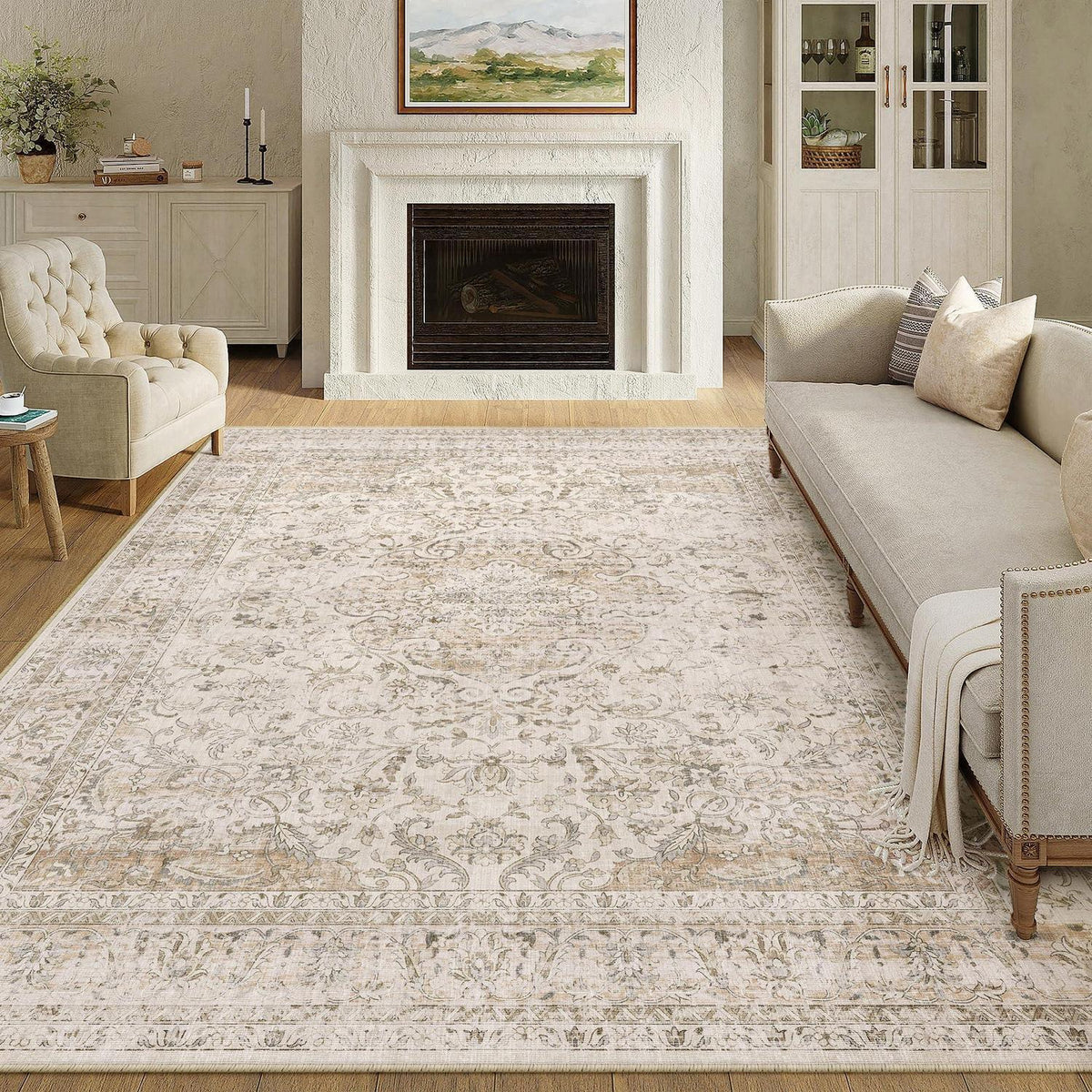 Vintage Teppich 240x300cm Beige – Waschbar & Robust für Wohnzimmer