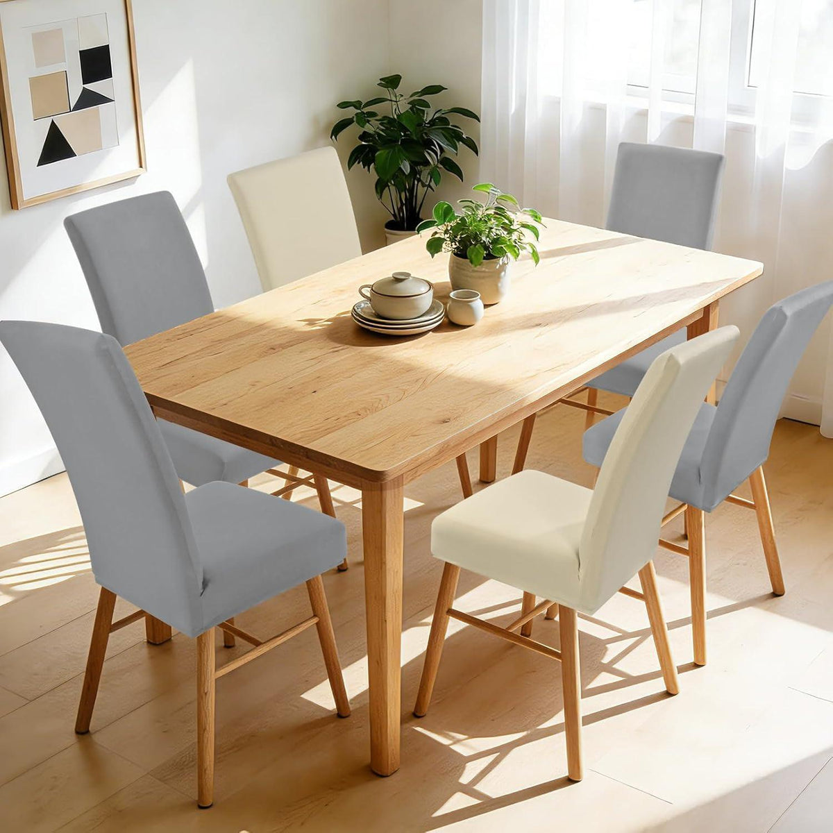 Elastische Stuhlhussen 6er Set - Hellgrau & Beige