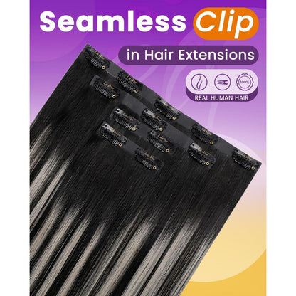 Clip in Haarverlängerung Echthaar Schwarz Silber 55cm