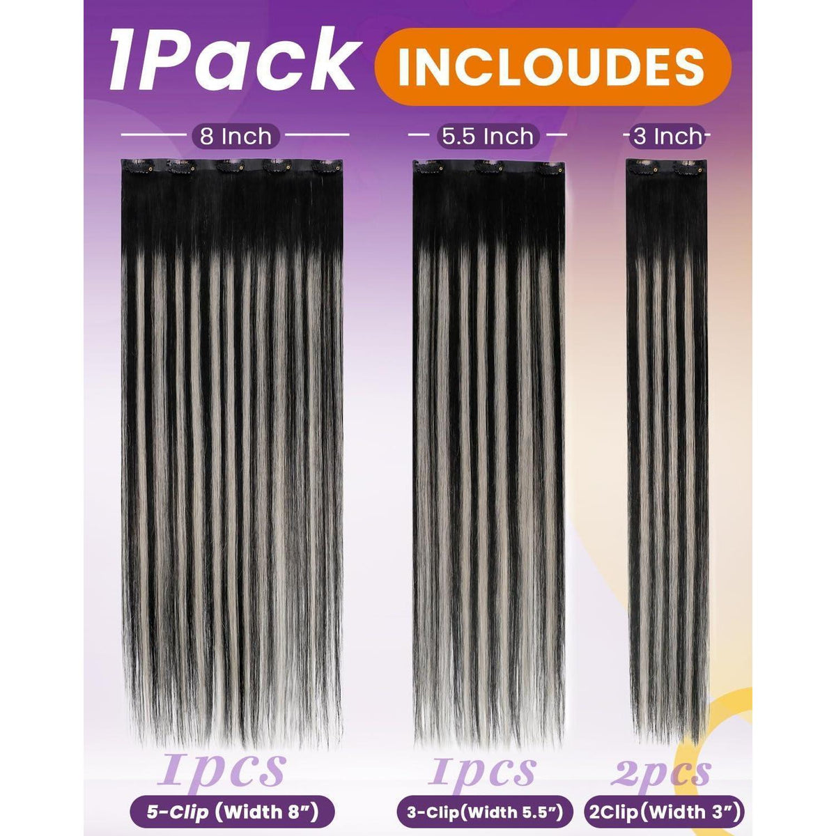 Clip in Haarverlängerung Echthaar Schwarz Silber 55cm
