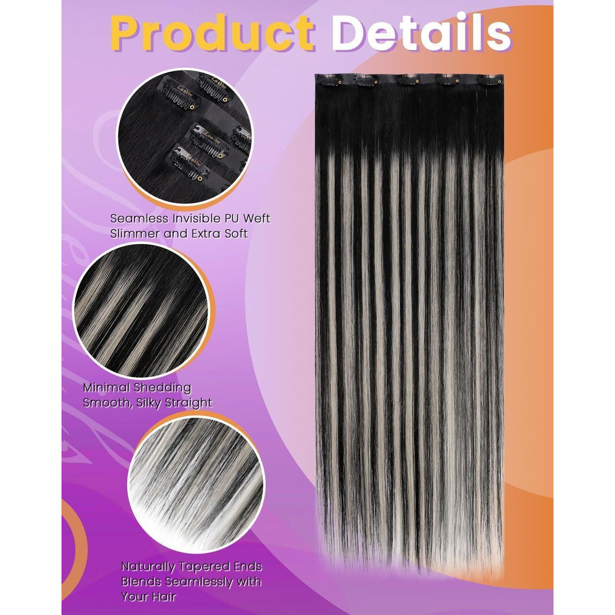 Clip in Haarverlängerung Echthaar Schwarz Silber 55cm