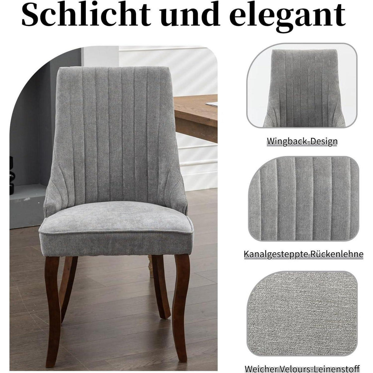 Esszimmerstühle Set 8 Grau, Bequeme Polsterstühle mit Holzbeinen