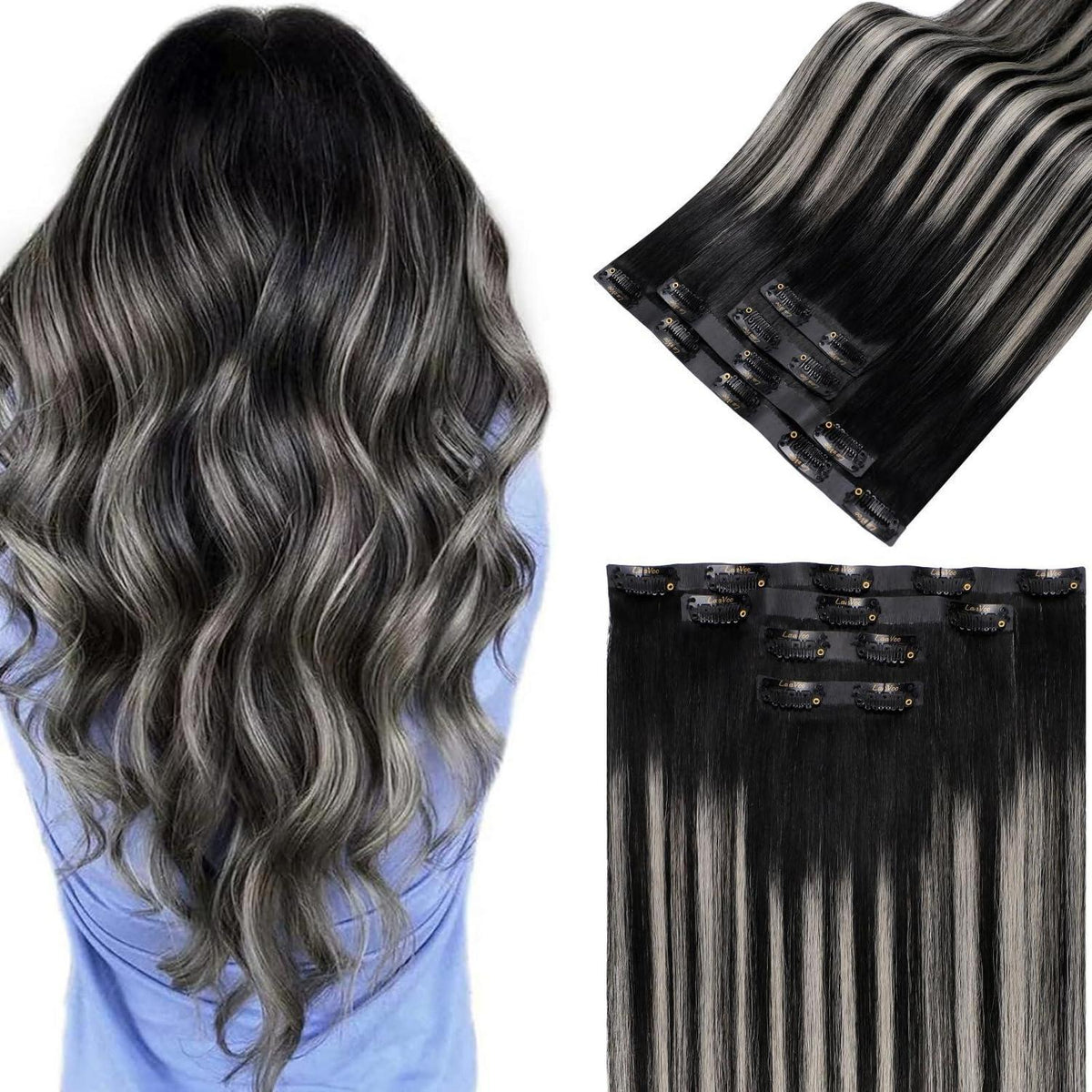 Clip-in Echthaar Extensions Schwarz Silber 50cm