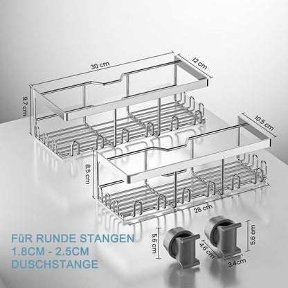 Duschablage 2er-Set für runde Stange – mit 24 Haken & viel Stauraum