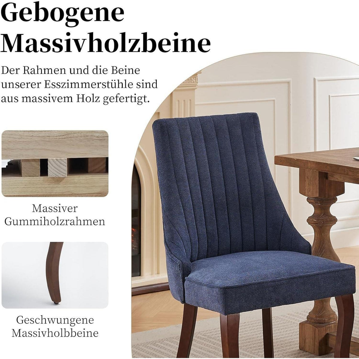 Esszimmerstühle Set 4 Blau, Bequeme Polsterstühle mit Holzbeinen