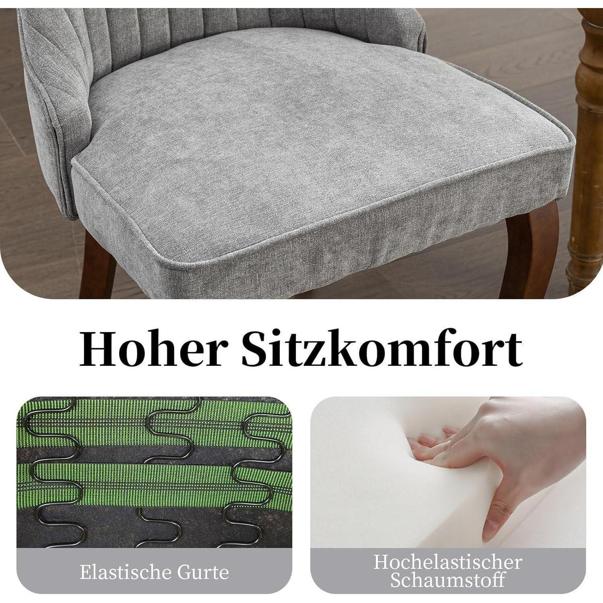 Esszimmerstühle 2er Set Grau, Stoff & Massivholz