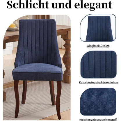 Bequeme Esszimmerstühle 2er Set, Blau mit Massivholzbeinen